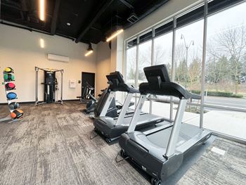 A gym with cardio equipment and a large window